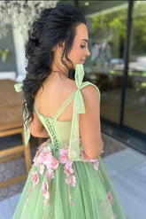 A-Line Green Floral Formal Dress for Wedding Guests Tulle Sweetheart